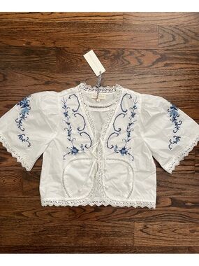 White Cropped Eyelet Blouse with Blue Floral Embroidery